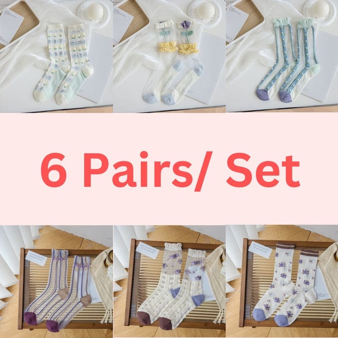 Witty Socks Socks 6 Pairs in 1 Set / 6 Pairs Witty Socks Blue Petal Collection