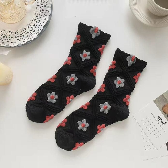 Witty Socks Socks Black - Big Flowers / 1 Pair Witty Socks 1990s Plaid Floral Collection