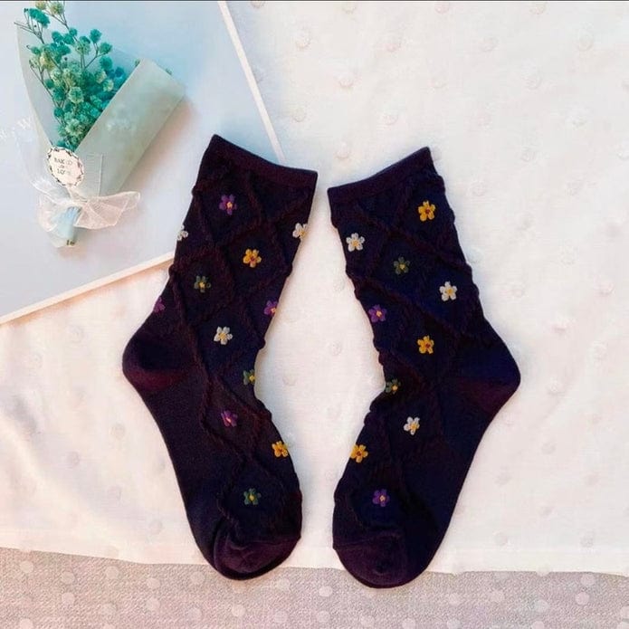Witty Socks Socks Black - Small Flowers / 1 Pair Witty Socks 1990s Plaid Floral Collection