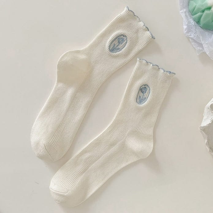 Witty Socks Socks Blue Flower in a Frame- White / 1 Pair Witty Socks Hem Ruffle Collection
