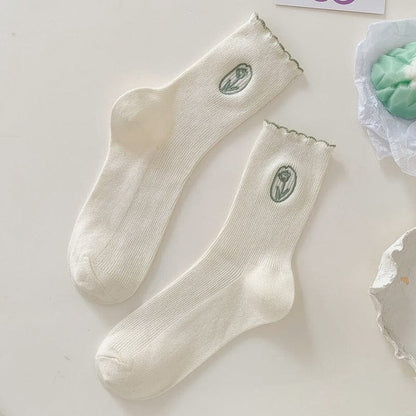 Witty Socks Socks Green Flower in a Frame- White / 1 Pair Witty Socks Hem Ruffle Collection