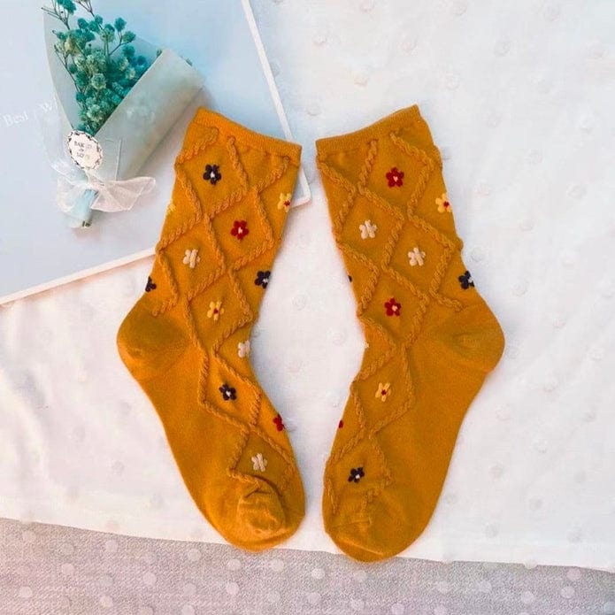 Witty Socks Socks Mustard - Small Flowers / 1 Pair Witty Socks 1990s Plaid Floral Collection