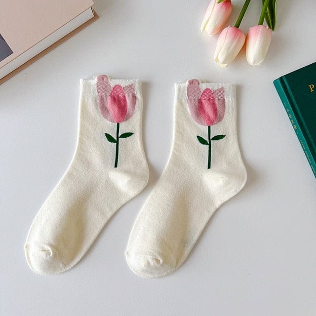 Witty Socks Socks Pink Tulip in White Socks / 1 Pair Witty Socks Immortal Flower Collection