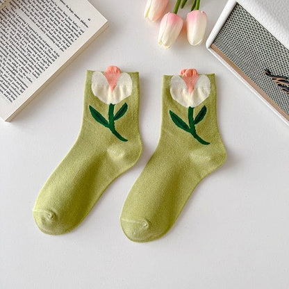 Witty Socks Socks White Tulip in Green Socks / 1 Pair Witty Socks Immortal Flower Collection